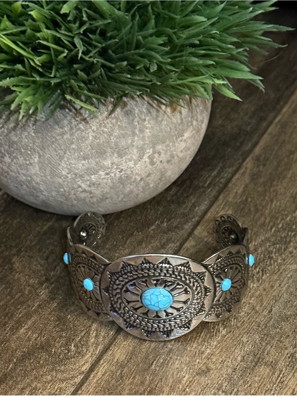 Turquoise Stone Silver-Tone Cuff Bracelet - Women Jewelry
